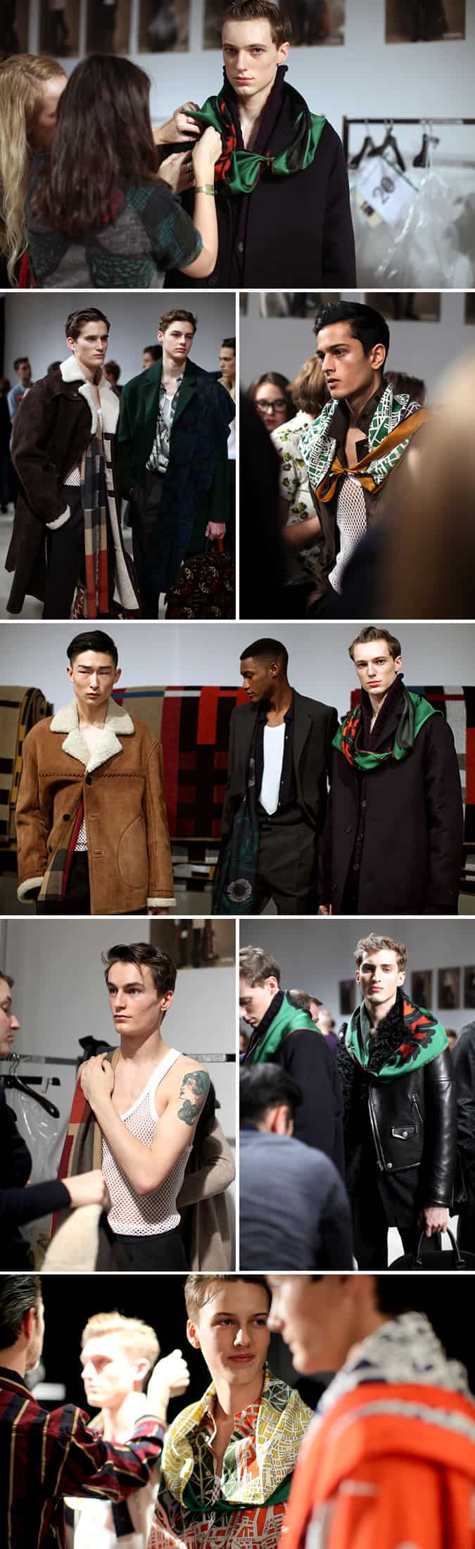 Stylists put the finishing touches to the models outfits for the Burberry Prorsum AW14 Runway Show