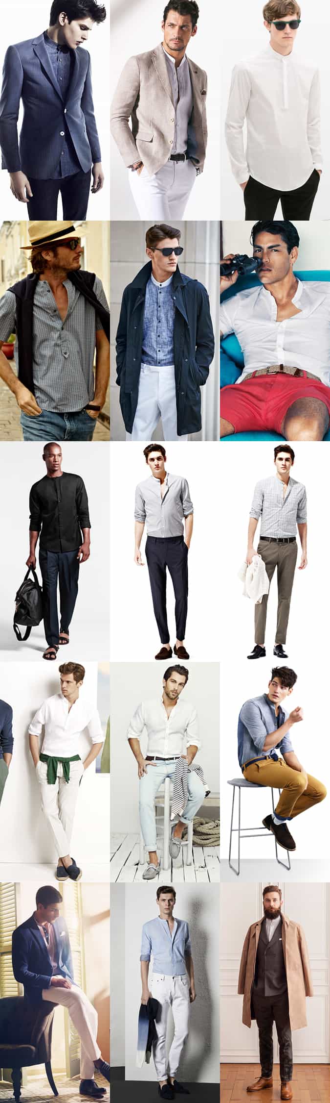 Men's Band Collar Shirts Outfit Inspiration Lookbook