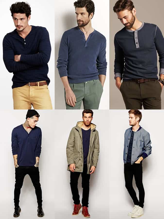 Men's Navy Henley Tops Outfit Inspiration Lookbook