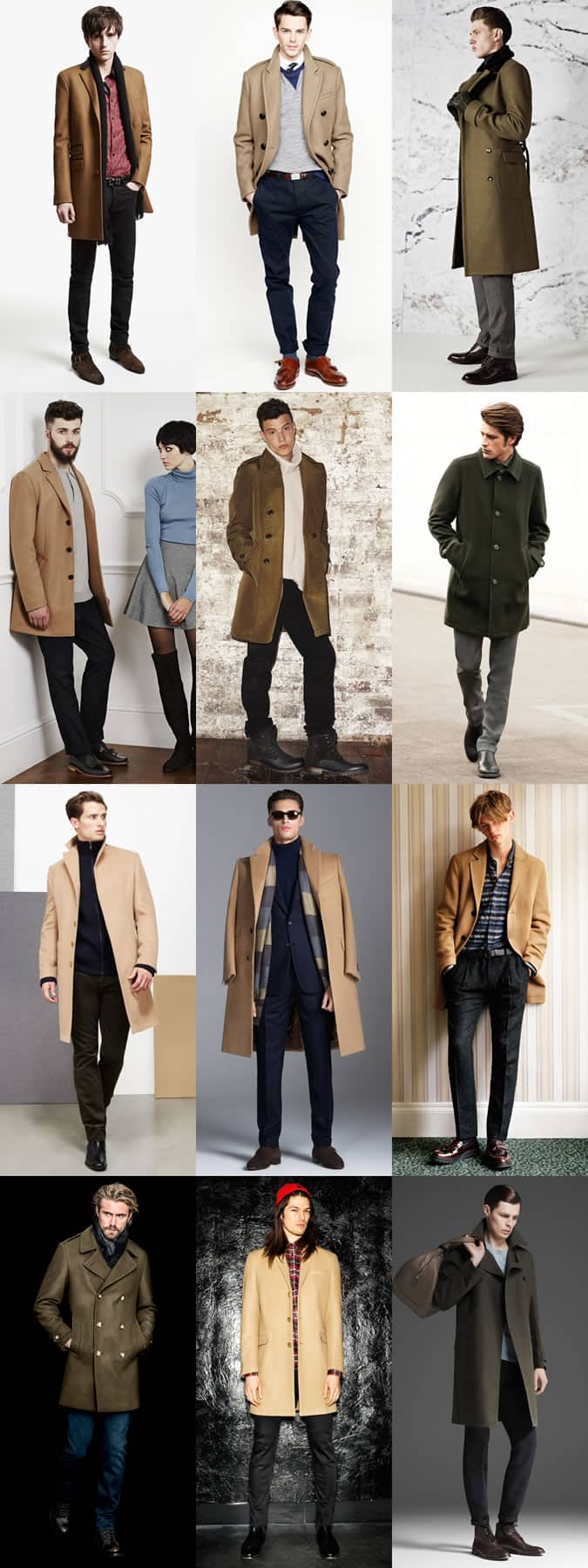 Men's Camel and Military Green/Olive Overcoat Outfit Inspiration Lookbook