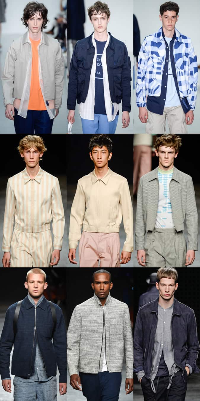 Men's spread collar bomber jackets on LC:M SS16 runways at Lou Dalton, Oliver Spencer, Topman Design and YMC
