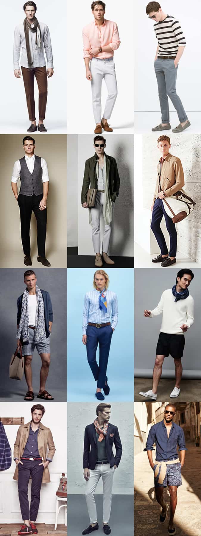 Men's Summer Outfit Tweaks - Sockless, Lightweight Scarves, Rolled Up Sleeves - Lookbook