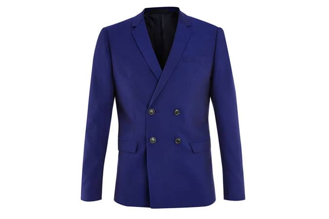 Navy Textured Skinny Fit Double Breasted Suit Jacket