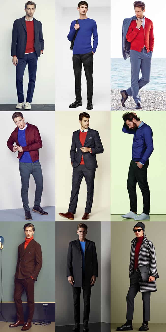 Men's Red and Blue Knitwear Outfit Inspiration Lookbook