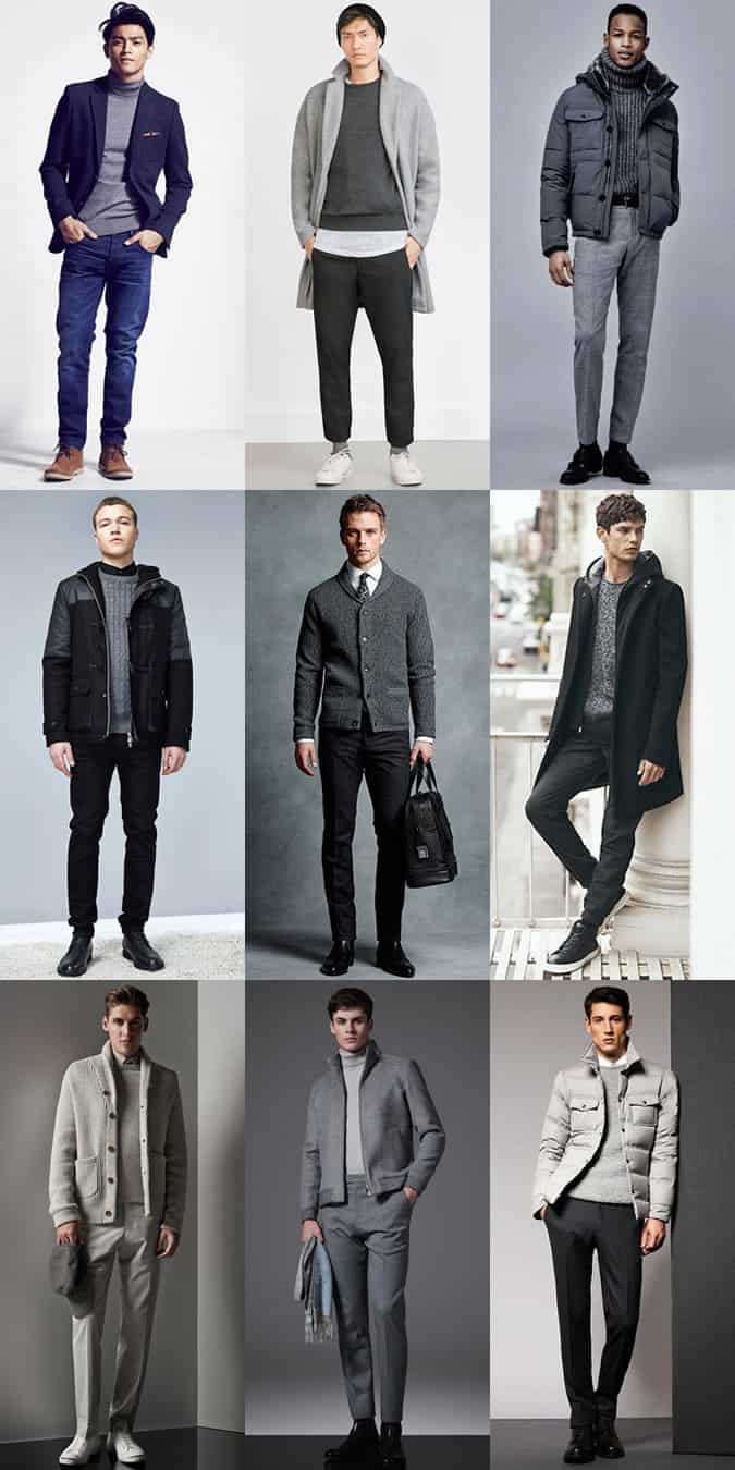 Men's Grey Knitwear Outfit Inspiration Lookbook