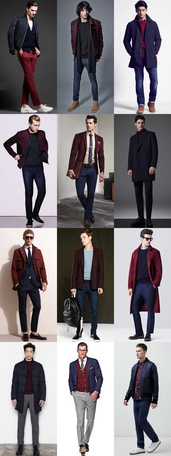 Men's Navy and Burgundy Colour Combination Outfit Examples Lookbook
