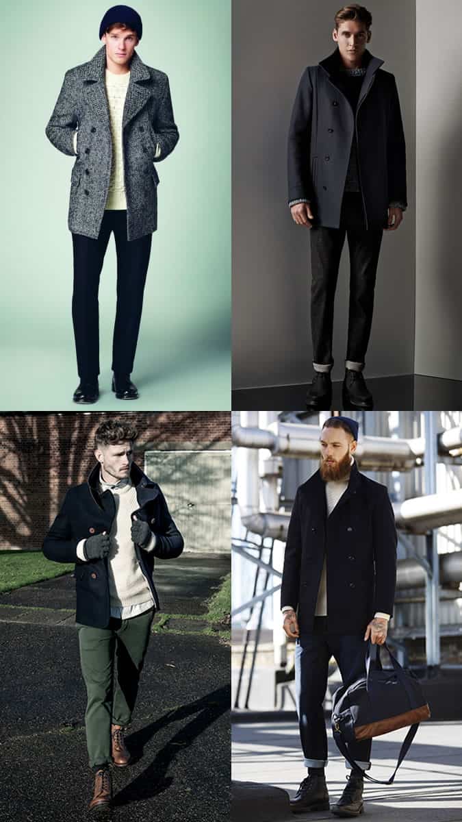 Men's Pea Coat, Chunky Knit and Heavyweight Trousers Outfit Inspiration Lookbook
