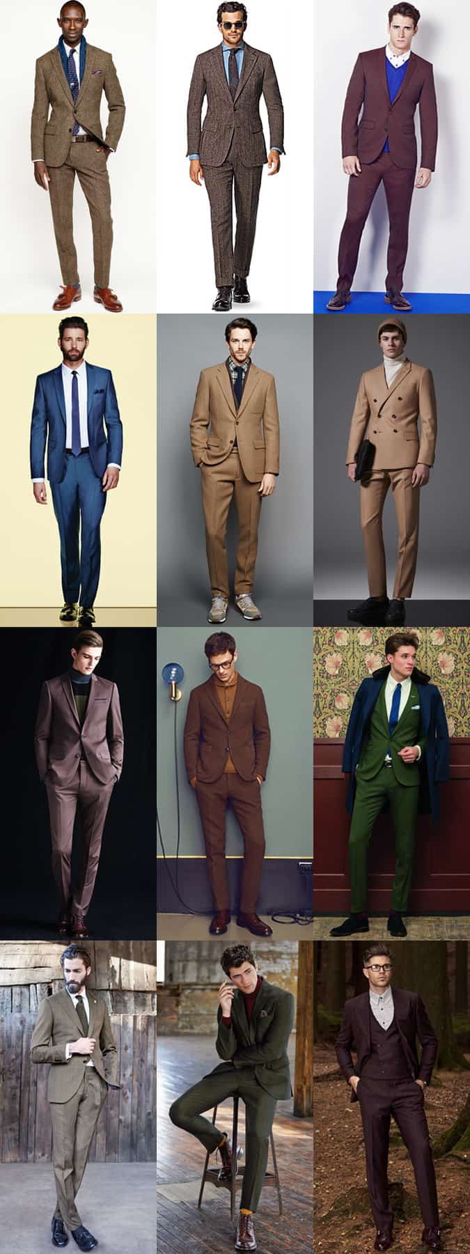 Men's Camel, Brown, Green and Burgundy Suits Outfit Inspiration Lookbook