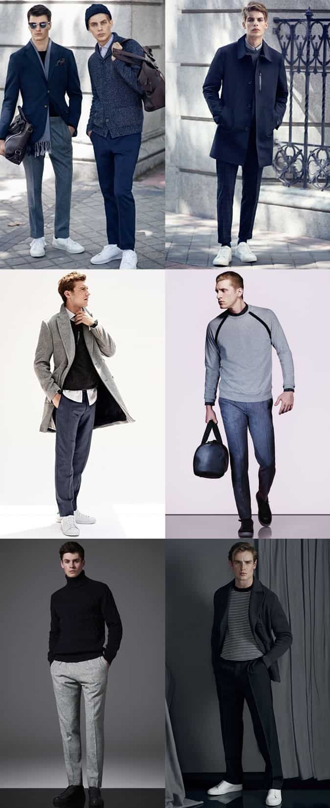 Men's Leather Trainers With Trousers Outfit Inspiration Lookbook