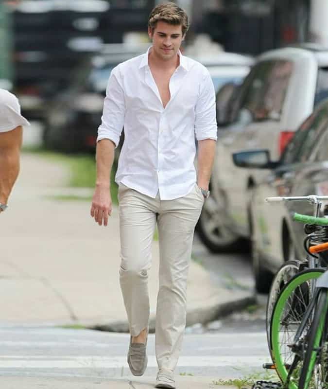 Liam Hemsworth Fashion/Style Off-Duty Looks - Light Neutral Shirt and Trousers