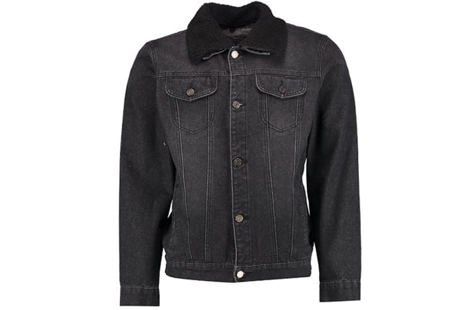 Borg Collar Washed Black Denim Jacket