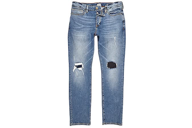 Dylan Ripped Slim Jeans In Mid Blue Wash
