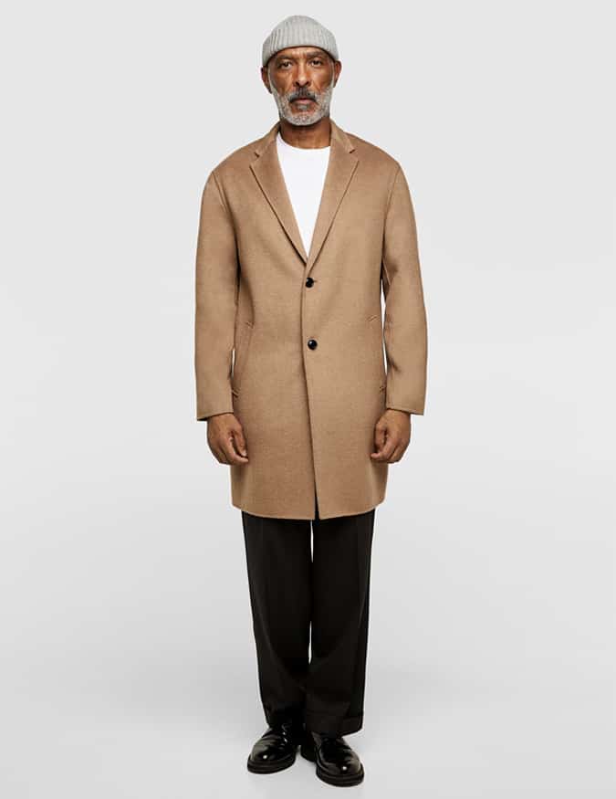 White Tee + Camel Overcoat