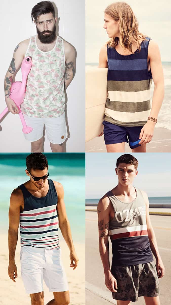 Men's swimming shorts worn with vests on the beach in summer