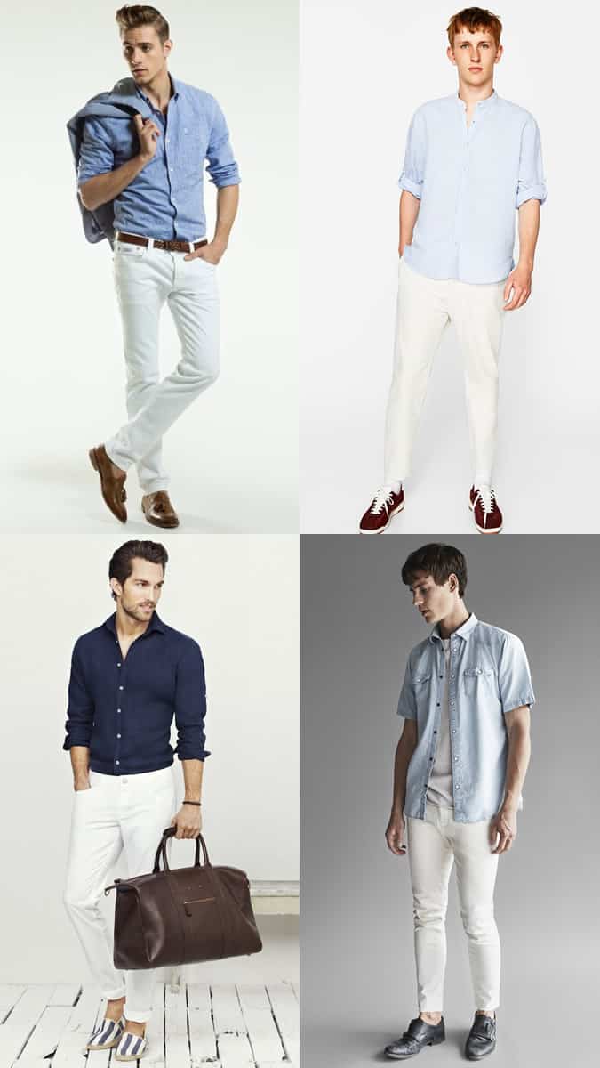 Men's summer double denim combinations: white jeans worn with a blue chambray shirt