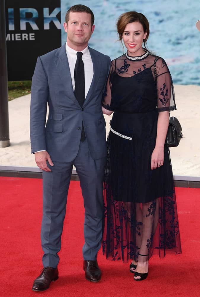 Dermot O’Leary wearing petrol blue suit at Dunkirk premiere