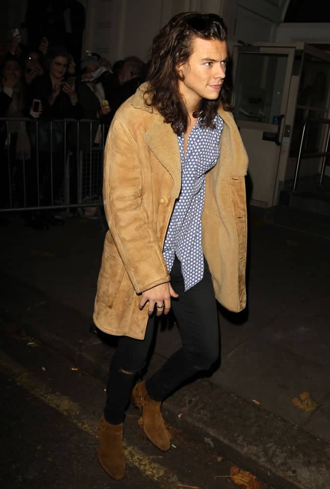 Harry Styles wearing shearling jacket