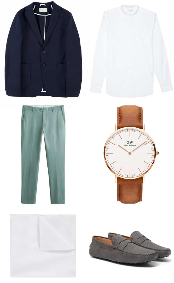 navy blazer with grandad collar shirt and chinos