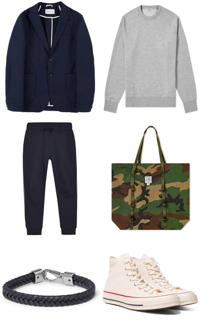 navy blazer with joggers and sneakers