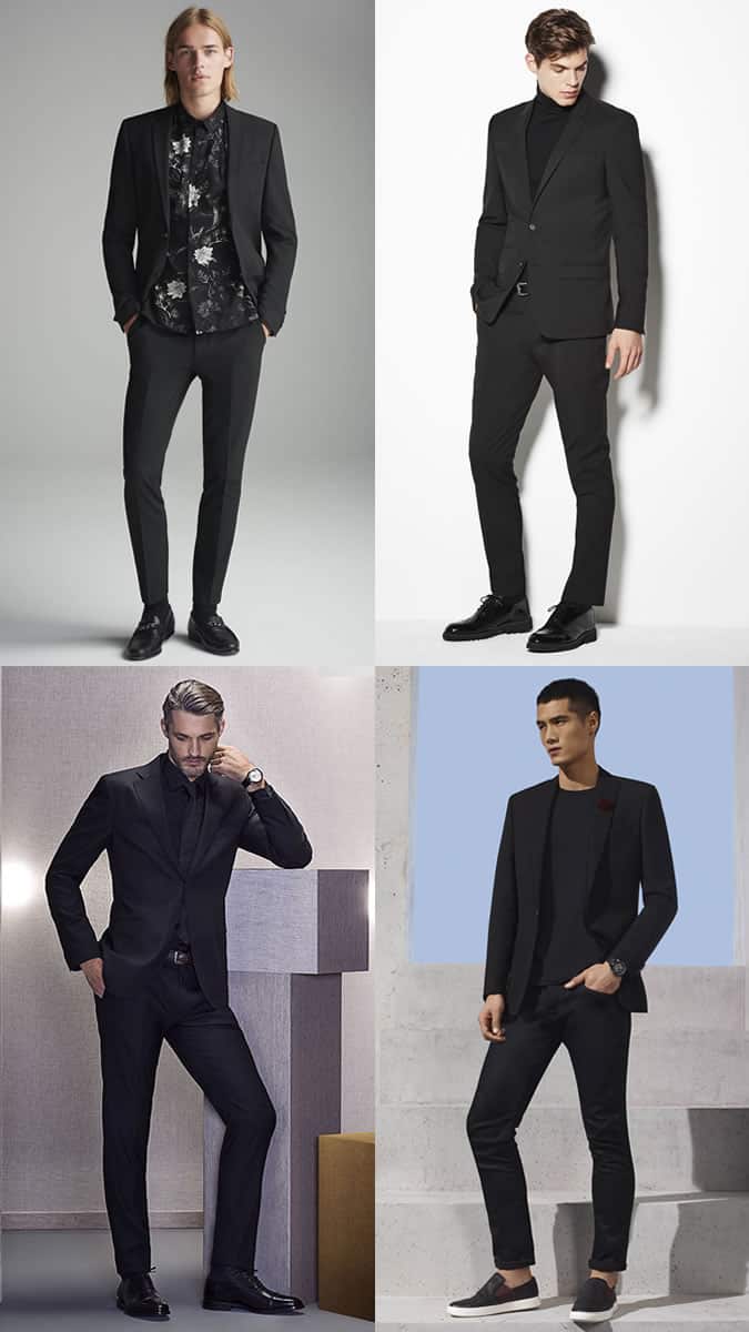 Black suits worn with black shirts and t-shirts