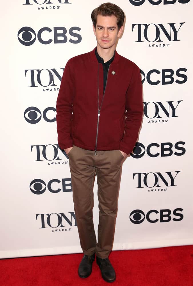 Andrew Garfield Wearing A Red Bomber Jacket