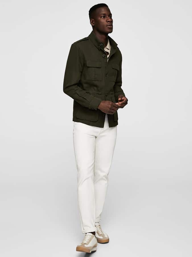White jeans with field jacket