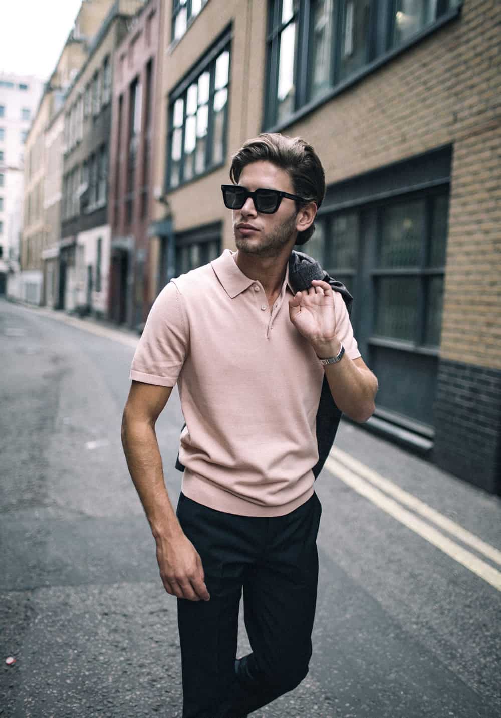 Eyal Booker from Love Island 2018 - FashionBeans Exclusive photoshoot: pink knitted polo shirt and sunglasses