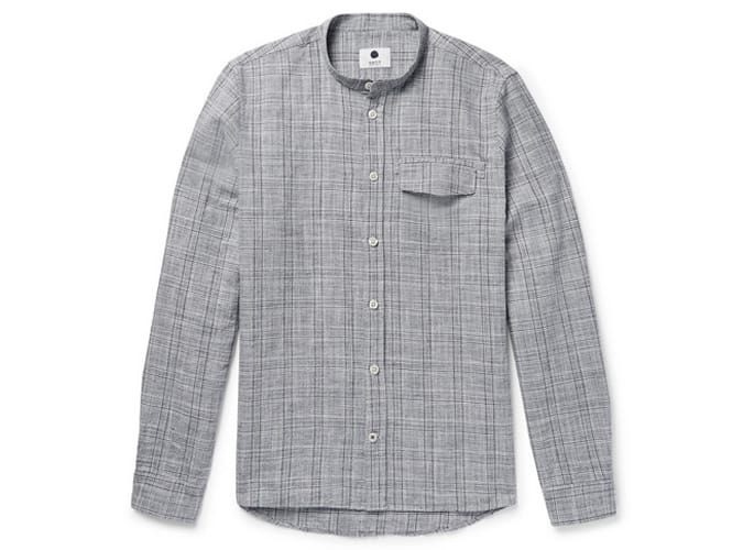 NN07 Stockholm Grandad-Collar Checked Slub Cotton And Linen-Blend Shirt