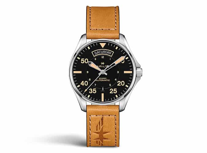 H64645531 Khaki Aviation Day Date stainless steel and suede watch