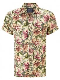 John Lewis & Co. Vintage Floral Linen Bowling Shirt Khaki