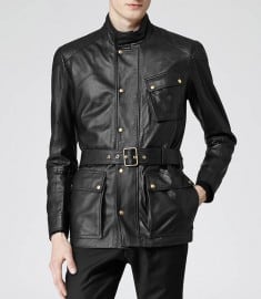 Reiss Patriot Belted Leather Jacket Black