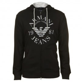 Armani Jeans Mens Large Logo Black Hooded Sweat Top