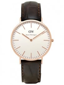 Daniel Wellington Mens Classic Rose Gold Pvd Leather Strap Watch Brown Croc