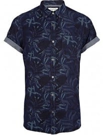 River Island Navy Leaf Print Chambray Shirt