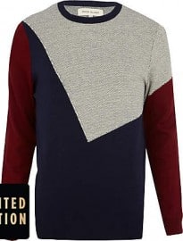 River Island Navy Angular Colour Block Jacquard Jumper