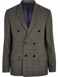 River Island Blue Check Slim Double Breasted Suit Jacket