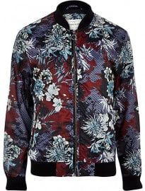 River Island Dark Red Oriental Print Bomber Jacket