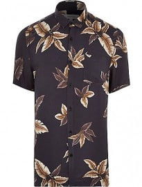 River Island Grey Leaf Print Short Sleeve Shirt