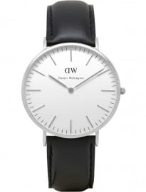 Daniel Wellington Mens Sheffield Silver Black Leather Strap Watch 0206dw