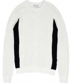 Reiss Franko Colour-blocked Cable Knit Jumper Ecru