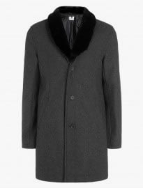Topman Charcoal Wool Rich Overcoat With Detachable Faux Fur Collar
