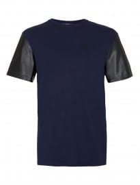 Topman Navy Leather Look Sleeve T-shirt