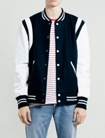 Topman Selected Homme Navy Leather Varsity Jacket