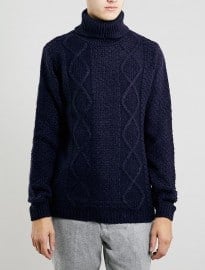 Topman Navy Chunky Cable Roll Neck Jumper