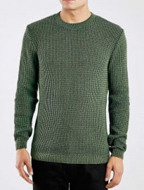 Topman Olive Grid Stitch Crew Neck Jumper