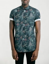 Topman Dark Green Floral Print Short Sleeve Shirt