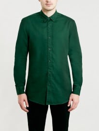 Topman Washed Green Twill Long Sleeve Shirt
