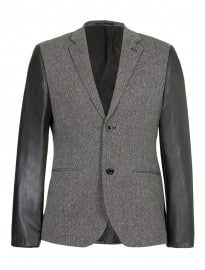 Topman Grey Herringbone Leather Look Sleeved Blazer
