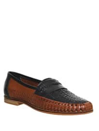Office Bow Weave Slip On Navy Tan Leather