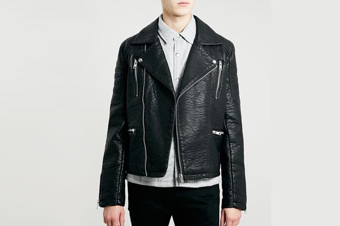 Black Leather Look Textured Biker Jacket